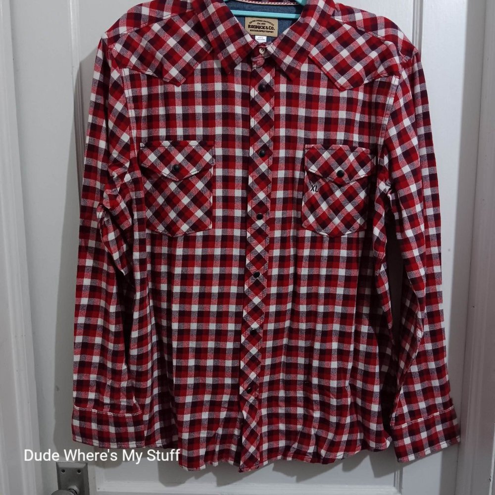 ROEBUCK & CO. RED CHECKERED SOFT FLANNEL - MEN'S XL - NEW WITHOUT TAGS - SNAPS